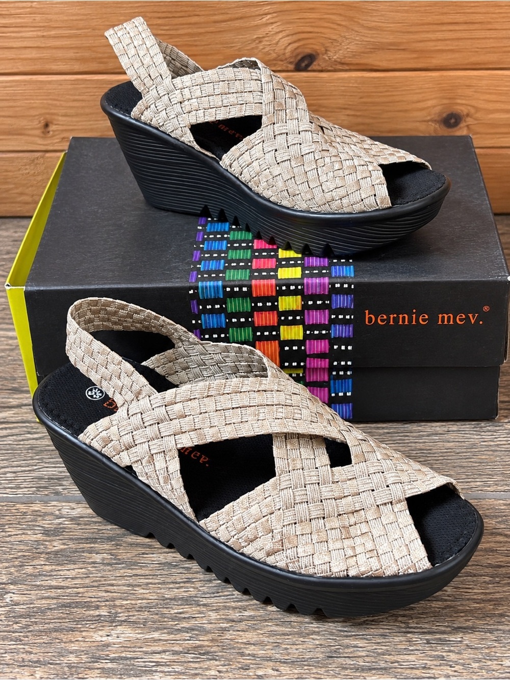 bernie mev. Tan Woven Elastic Slingback Wedge Sandals